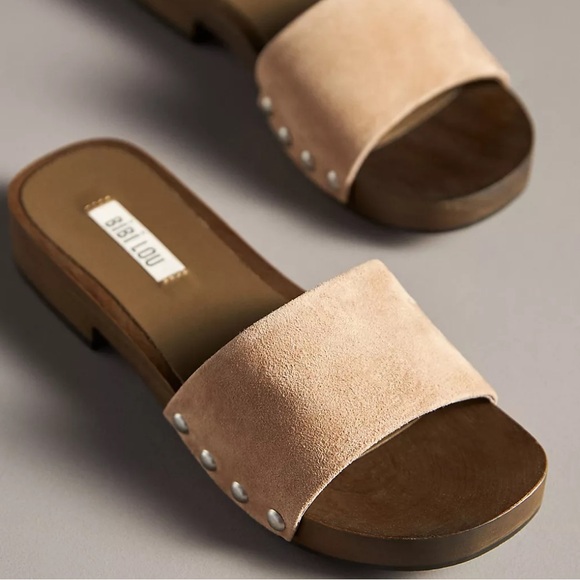 Bibilou Shoes - Bibi Lou Wood-Bottom Slides Sandals NEW EU 40 US 9-9.5 Taupe Anthropologie NIB